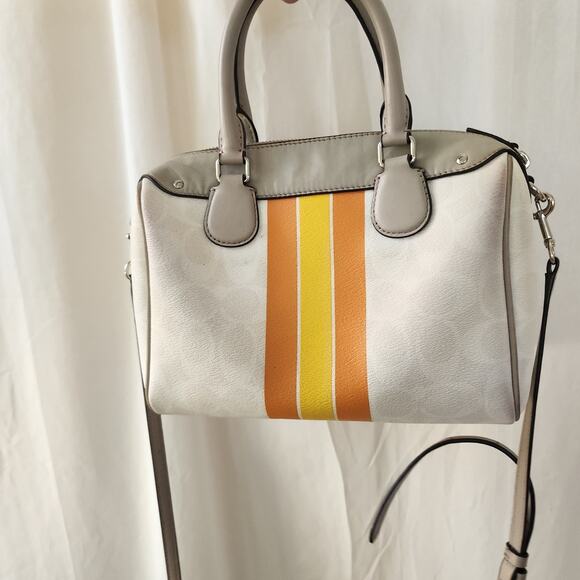 Coach Varsity Stripe City Zip in Signature Silver/Chalk Orange Hand Bag - Picture 3 of 12
